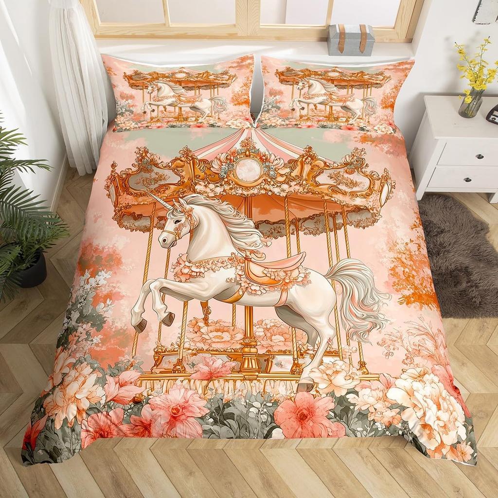 Children Kids Unicorn Soft Duvet Cover Single Quen King, Adorable Lovely Cat Carton Warm Comforter Cover featuring 2 Pilowcase Fish Scale Beding Set