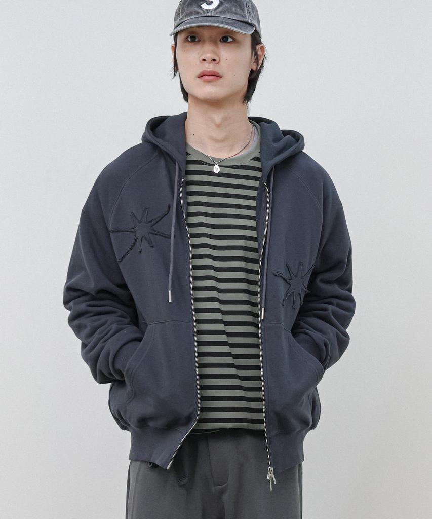 Moderment Applique Washed Oversized Zip-Up Hoodie [Charcoal]
