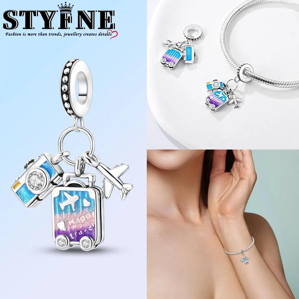 Anniversary Luggage Airplane Passport Three-Piece Set Copper Charms Fit Original Bracelet Jewelry Making For Women Gift