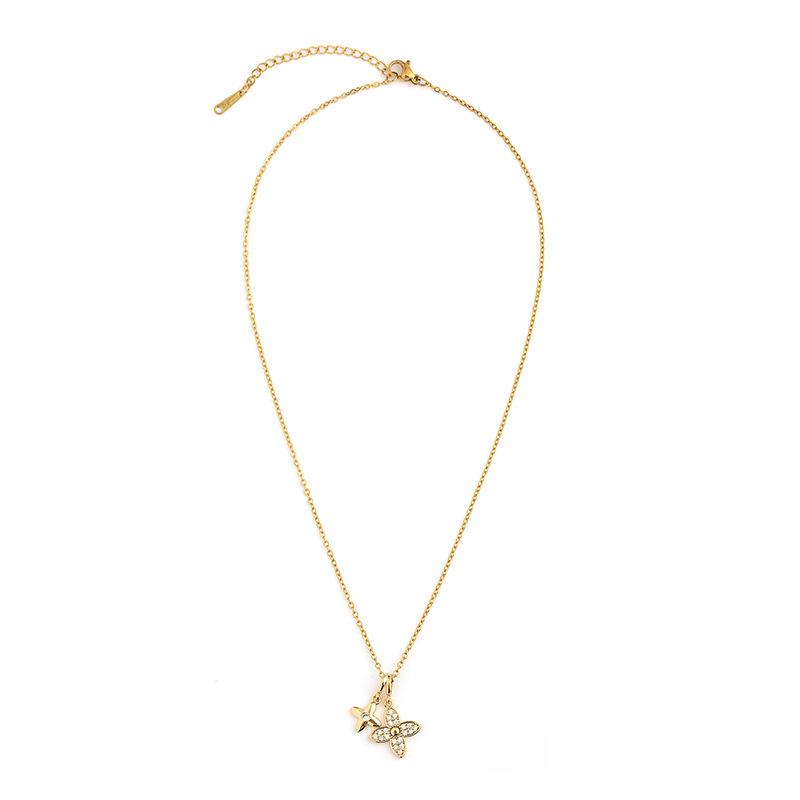 Damen Titanstahl Halskette, Mikro-pavé Diamanten, Doppel Kleeblatt-Design, Modischer High-End Schlüsselbeinketten-Schmuck