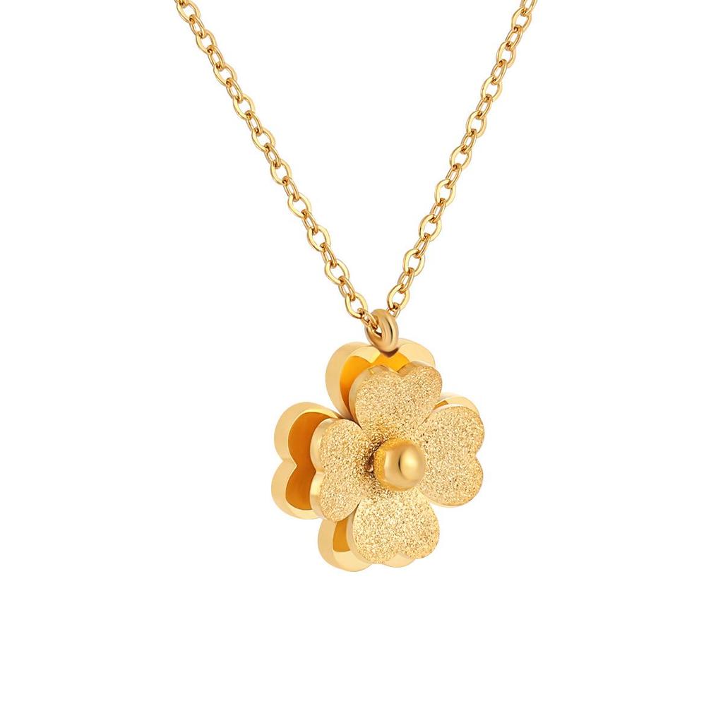 Minimalist Double-Layer Frosted Single-Bead Clover Flower Titanium Steel Necklace for Women