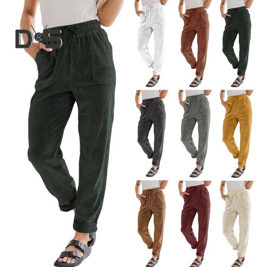 Women Corduroy Pants High Waist Baggy Drawstring Elastic Waist Casual Trousers Loose Fit Straight Leg Pockets Work Pants