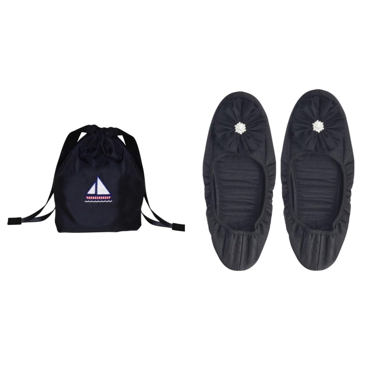 

Angel Smile Royal School Гросгрейн Портативные тапочки с вышивкой «Яхта», темно-синий набор мешочков на кулиске RSSL2022004 Большой (Ювелирный черный) (Размер L) & чёрный