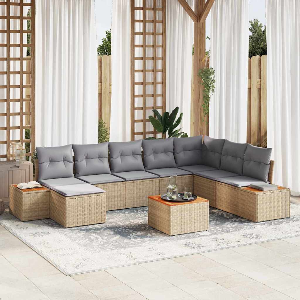 9 Piece Garden Sofa Set with Cushions Beige Poly Rattan