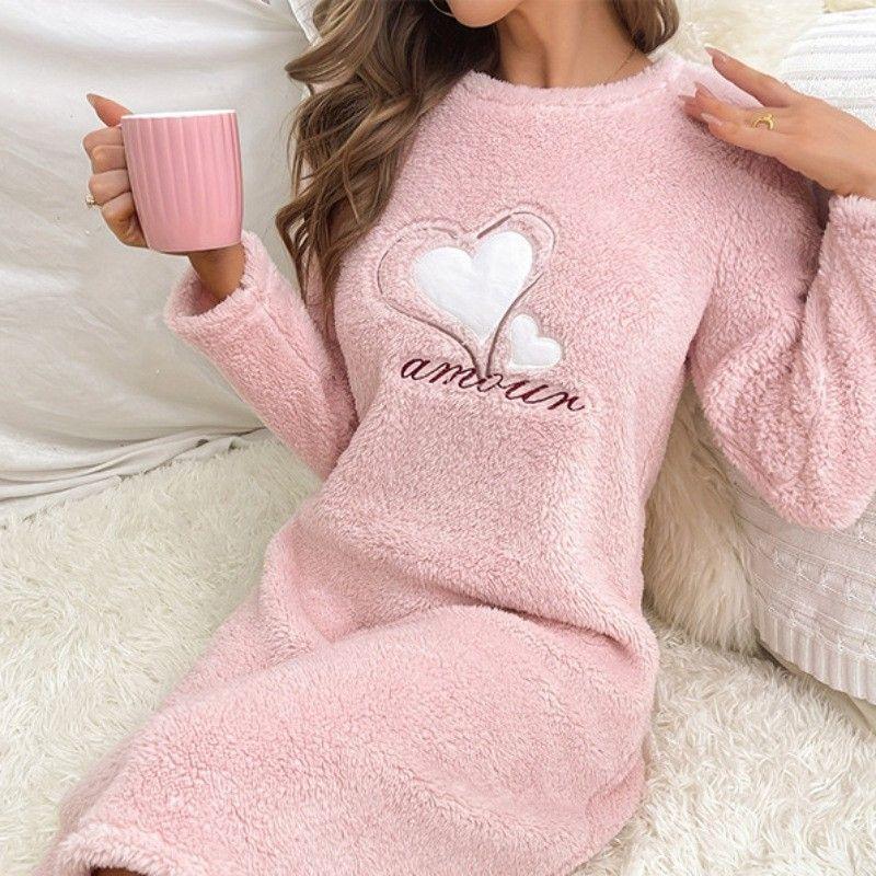 

New Winter Thick Warm Long Nightdress Winter Thickened Flannel Long Dress Pink 155 (s)