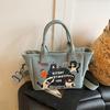 2025 New Trendy Cartoon Cat Print Denim Bucket Bag Versatile Casual Commuter Large Capacity Crossbody Shoulder Bag for Women