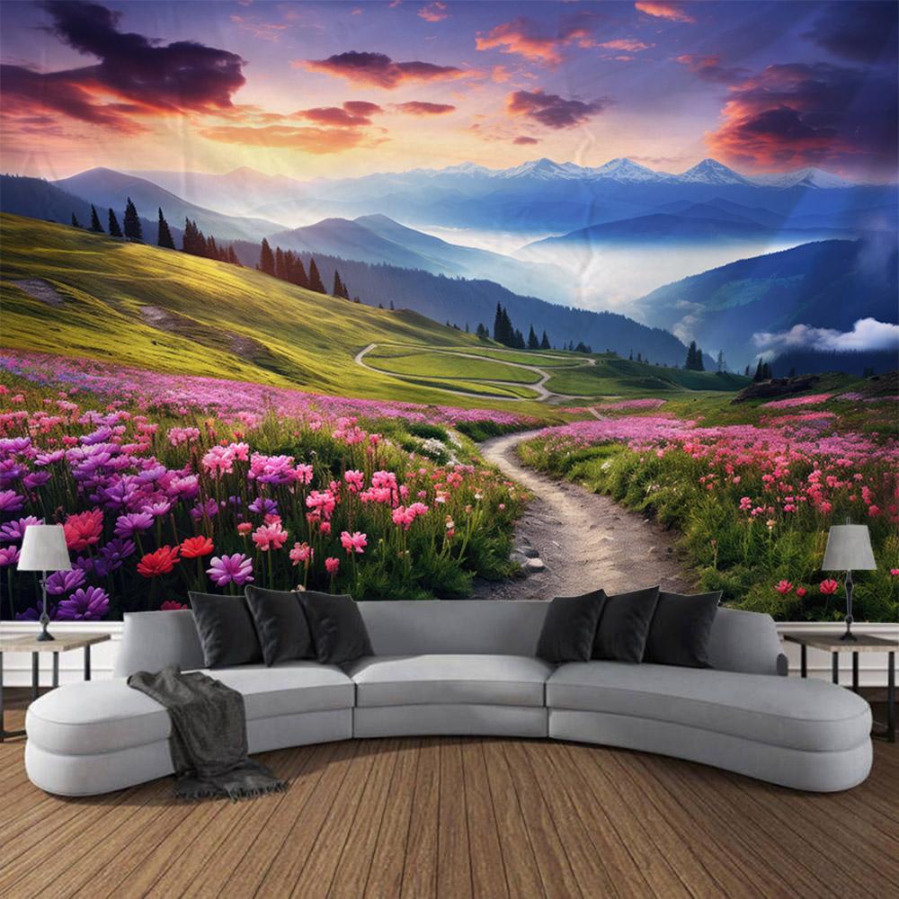 Dreamy Landscape Tapestry, Grassland Forest Wall Hanging Cloth, Living Room And Bedroom Background, Aesthetic Home Decoration