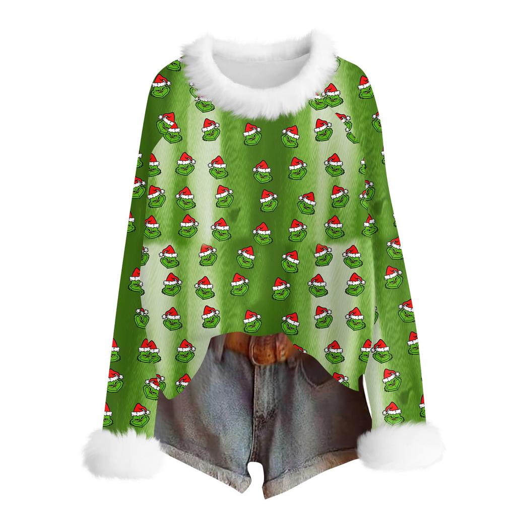 Women's Fashionable Christmas Printed Round Neck Long Sleeved Casual Pullover T-shirt Top