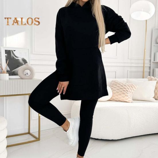 2 Pcs/Set Lady Top Pants Set Hooded Long Sleeve Slit Hem Hoodie Stretchy Waist Slim Fit Trousers Sport Fitness Tracksuit Casual Homewear School