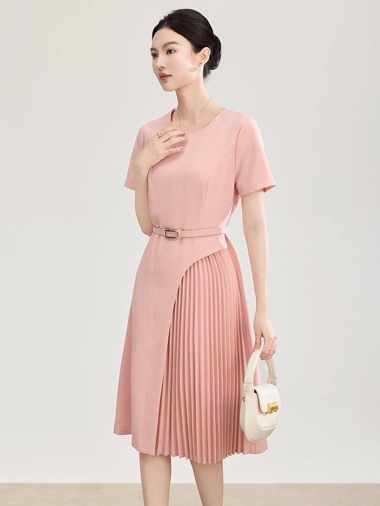 Elegant Slimming Pleated Short Sleeve Waist-Cinching Dress for Spring/Summer
