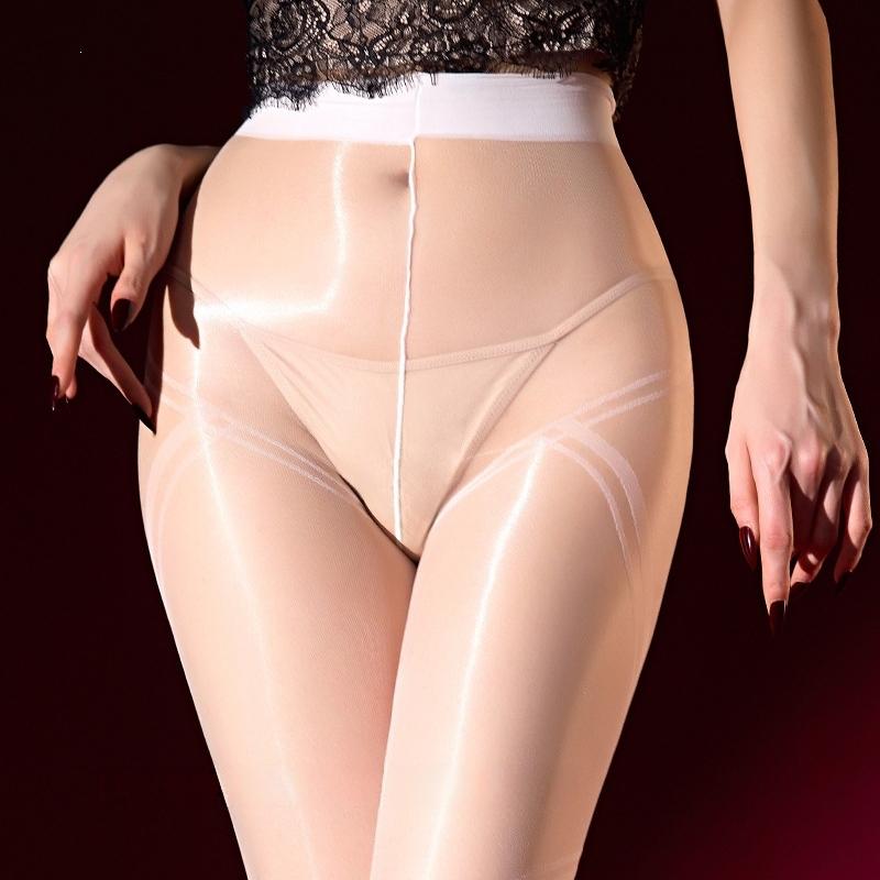 Ladies Elegant Fragrance Oil Shiny Crisscross Bandage Tights Women Sexy One Line Crotch High Waist Pantyhose For Party Club