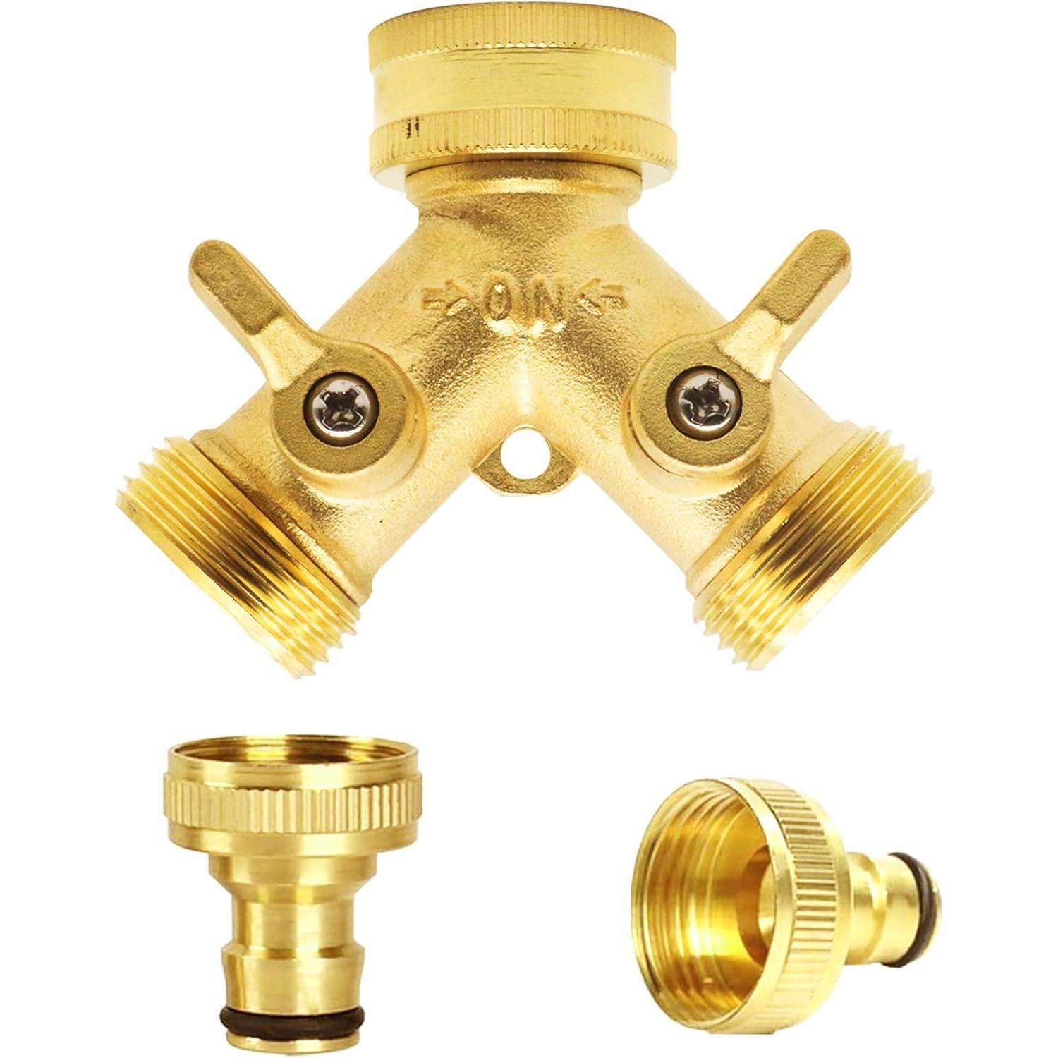 2 Way Garden Brass Hose Faucet Splitter, Double Way 3/4 Garden Hose Tap Connector, Individually Controllable Valves with 2 Quick Connector золотой