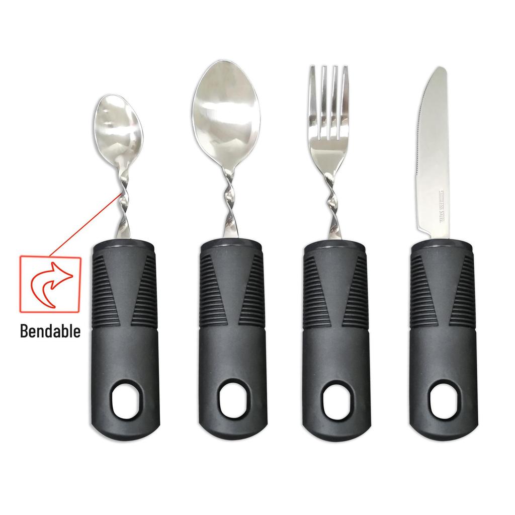 Adaptive Stainless Steel Anti-Tremor Tableware Set: Ergonomic Knife, Fork, Spoon with Rubber and Plastic Handles for Elderly Assistance