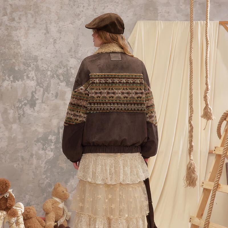 UNIFREE Vintage Fair Isle Suede Patchwork Lamb Fleece Jacket
