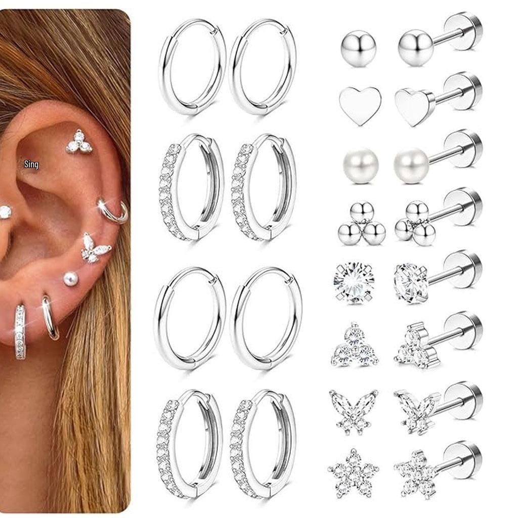 Gold Plated Brass Heart Leaf Zircon Stud Earrings Set