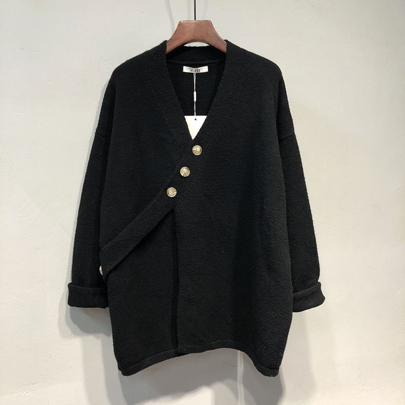 Autumn Winter New Oblique-breasted V-neck Loose Mid-length Bat-sleeve Knitted Sweater Jacket for Women