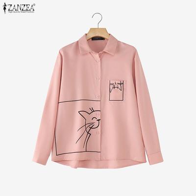 Women Casual Turn Down Collar Long Sleeve Print Blouse