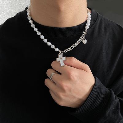 Perlen-Kreuz-Herz-Spleiß-Halskette, Persönlichkeit, Hip-Hop-Nischen-Design, Halskette für Männer und Frauen im gleichen Stil
