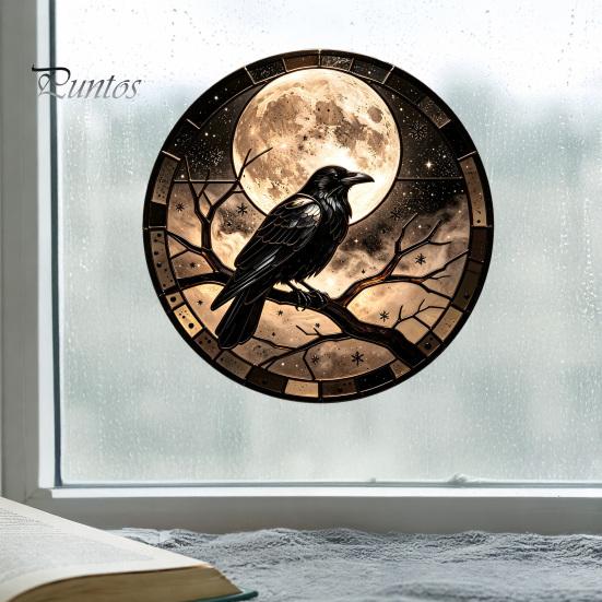 Decorative Window Privacy Film Halloween Raven Moon Static Glass Sticker, Removable Decals, Vintage Dark Retro Crow Decals PVC Waterproof Cling