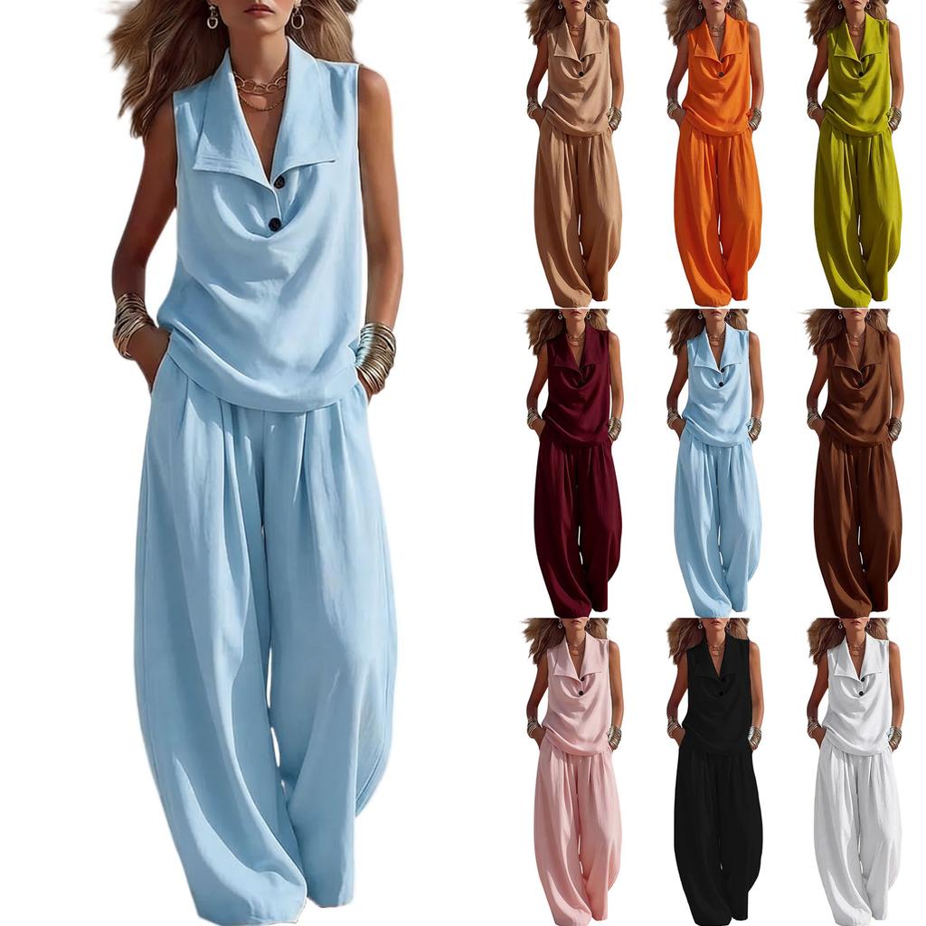 Women's Two Piece Set Sleeveless Collar Top and Wide Leg Pants Casual Loose Fit Outfit Suitable for Daily Wear and Relaxed Occasions