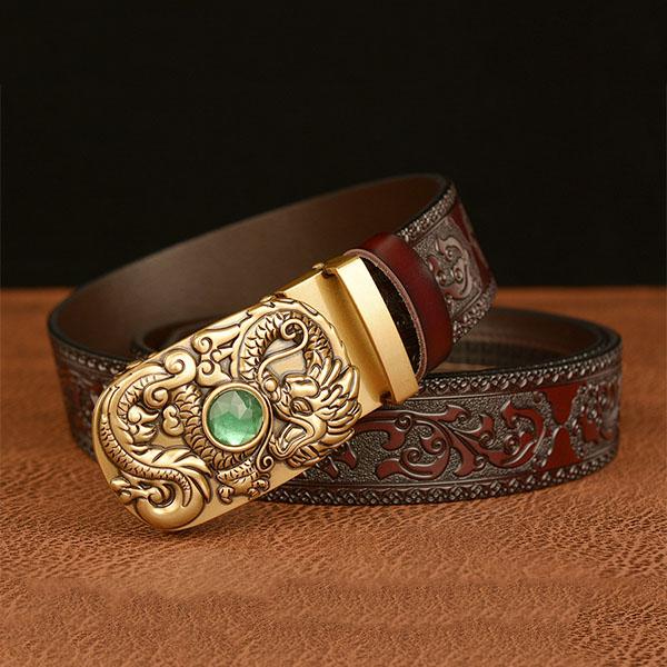 High Guality Male Belt Genuine Leather Belt for Men Carving Flower Pattern Gold Automatic Buckle Belt Strap for Jeans