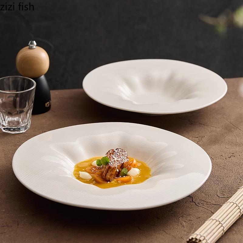 Reinweiß Unregelmäßiger Tiefer Teller Keramik Salatteller Dicker Suppenteller Kreative Strohhut-Teller Hotel Keramik Spezialitäten-Geschirr