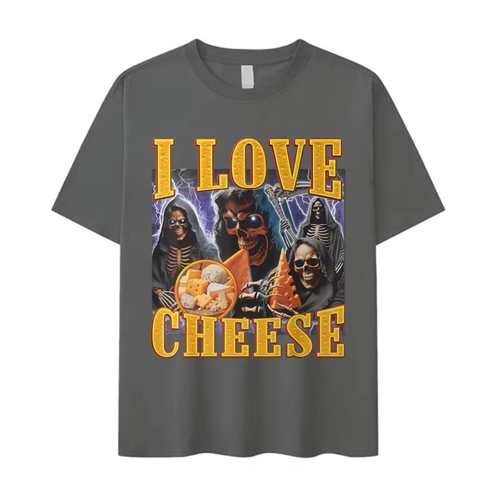 Ich liebe Käse Lustiges Skelett Meme Grafik T-Shirt Herren Vintage Übergroßes Kurzarm-T-Shirt Mode Baumwoll-T-Shirt
