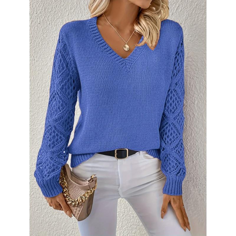 Maglione pullover a V a maniche lunghe lavorato a maglia traforato da donna autunno e inverno