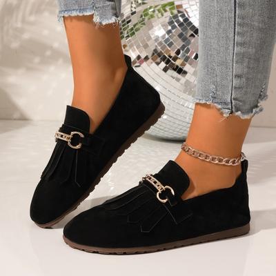 2024 Autumn and Winter New Hot Selling Retro Tassel Round Toe Flat Women's Shoes Fashion Belt Buckle Soft Sole Casual Shoes