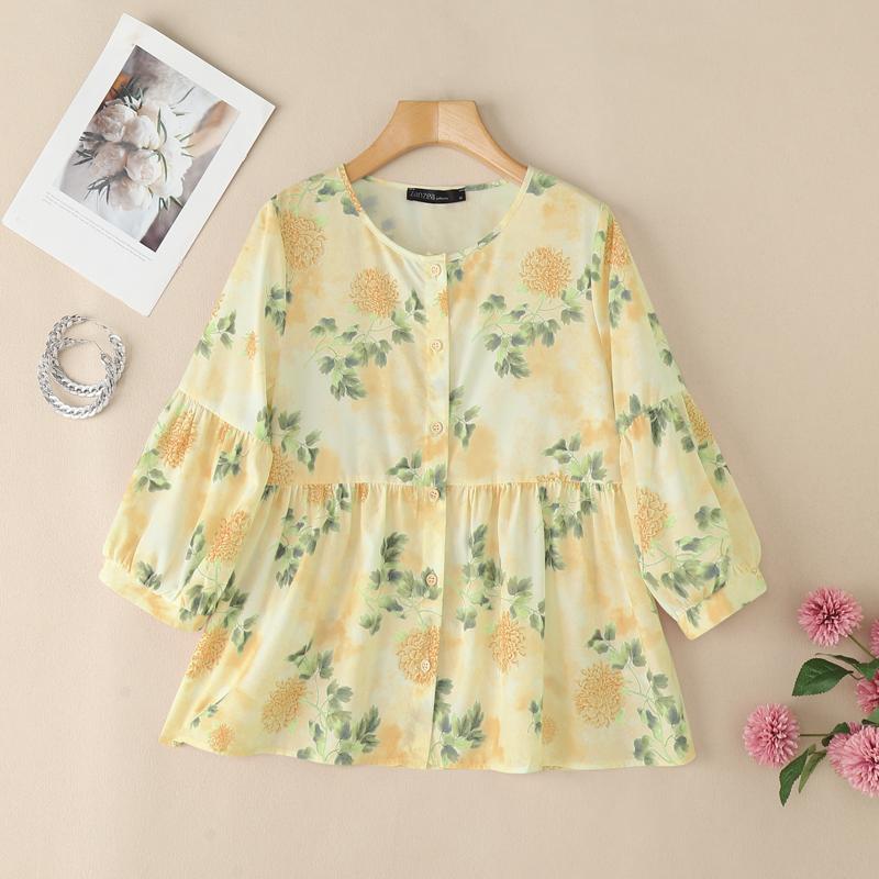 

ZANZEA Женская летняя блузка с круглым вырезом, рукавами 3/4, свободного кроя, с цветочным принтом 5XL жёлтый