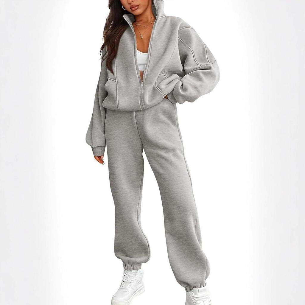 2025 Women's Fleece Sweatshirt Two-Piece Set Casual Zip-Up Loose Fashion Tracksuit