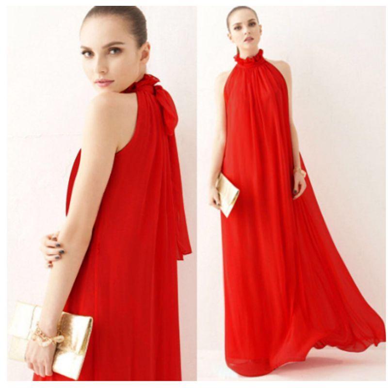 

Women Sexy Halter Evening Dress Europe Hanging Neck Drag Dress Beach Skirt Guest dresses Big Red One size