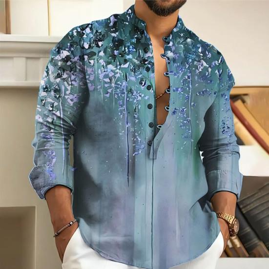 Men Shirt Thin Stand Collar Printed Single-breasted Solid Color Long Sleeves Soft Mid Length