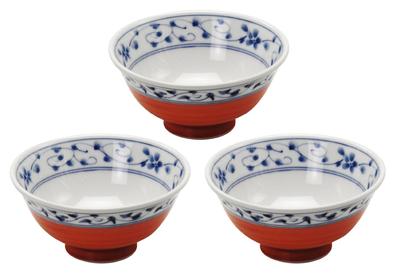 Leichte Reisschale, Teeschale aus Mino-Keramik, 3er-Set, Zinnoberrote Arabeske, Ca.. Durchmesser 12,5 x Höhe 6cm, Geschirrset, Keramik, Mikrowelle,
