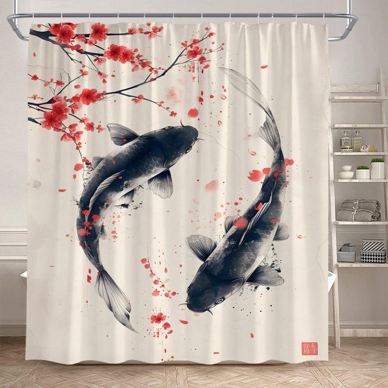 Lotus Shower Curtains White Floral Green Leaves Plant Chinese Style Art Bath Curtain Polyester Bathroom Bathtub Decor With Hooks
