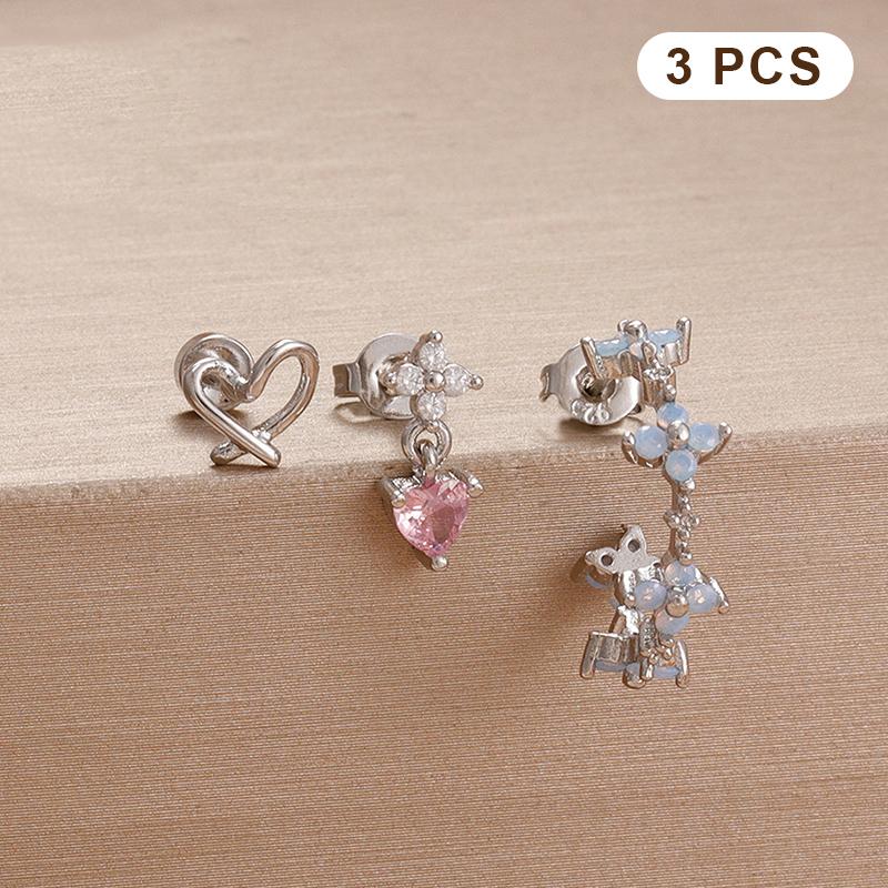 3Pcs  Zirconia Flower Heart Huggie Hoop Earrings Set For Women Exquisite Pendant Ear Stud Piercing Jewelry Gift