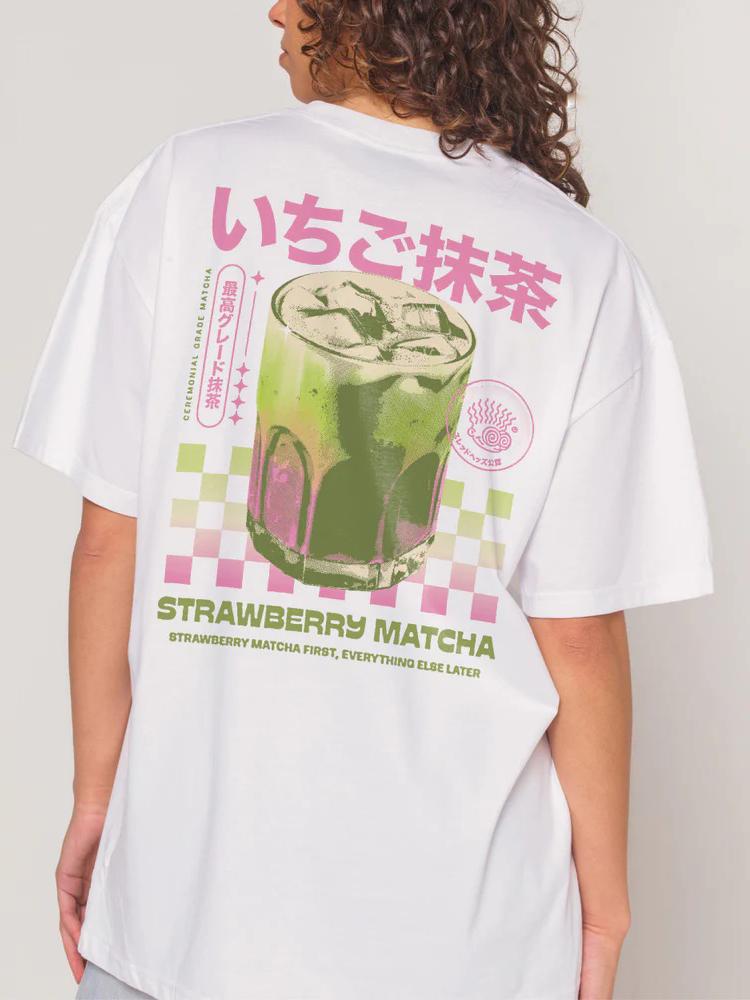 Maglietta con Stampa Posteriore Matcha Manica Corta Larga Streetwear Grafica Top Estetica Y2k Cotone Maglietta Donna Unisex Abbigliamento Femminile