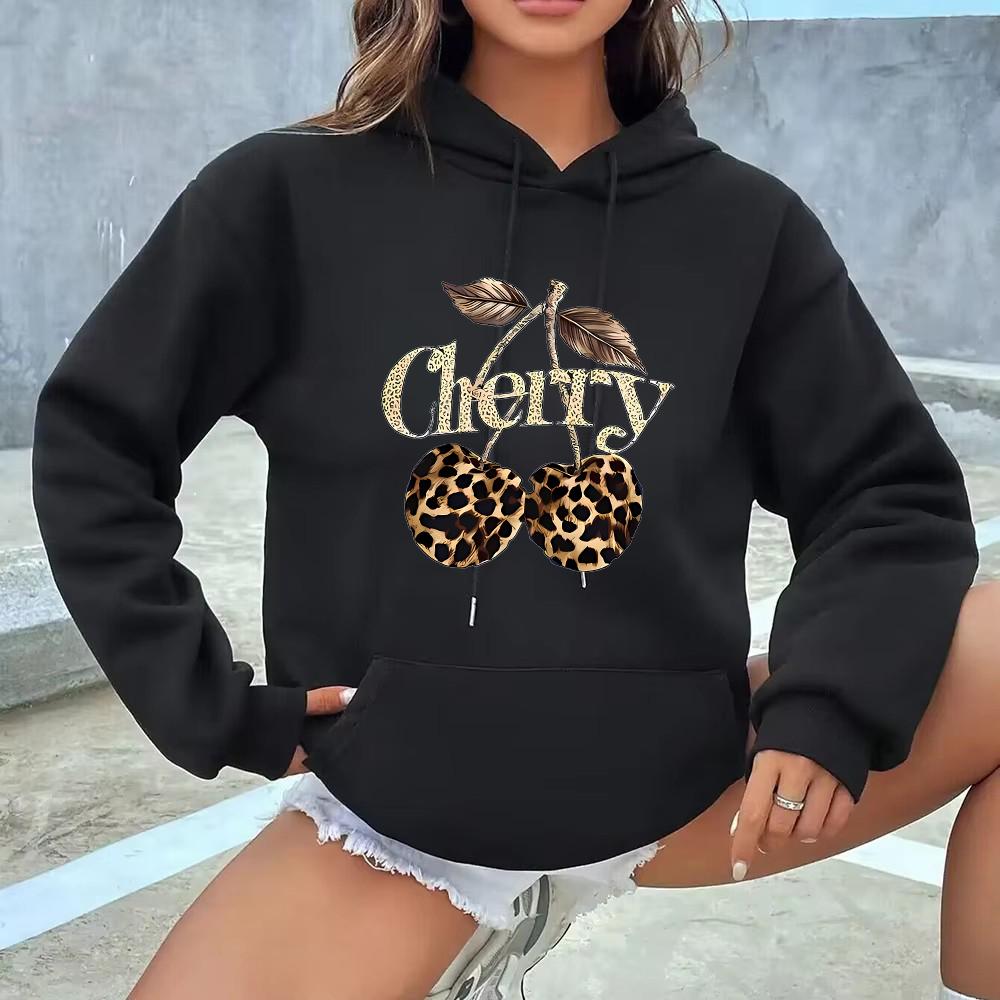 Kapsa s kapucí Mikina Streetwear Leopard Třešňový potisk Dlouhý rukáv Mikina Oblečení Hoody Podzim Zima Mikiny