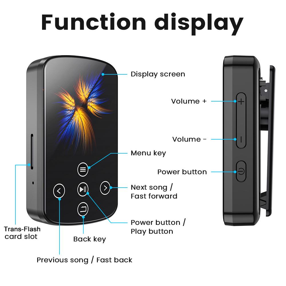 MP308 MP3 Player with BT 5.4 Back Clip 1.5" HighClear Touchscreen Portable Player Builtin