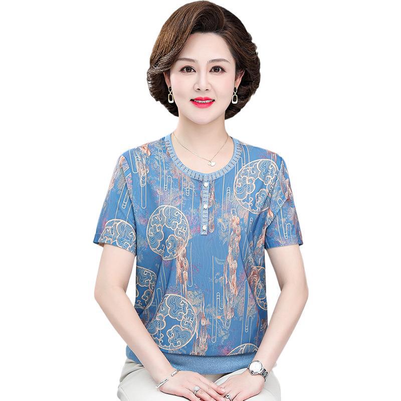 Mother's Ice Silk Short-Sleeve T-Shirt for Middle-Aged Women (Ages 40-50) - Plus Size, Lightweight Summer Top