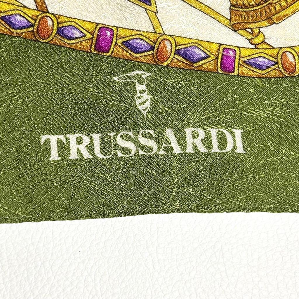 Used Excellent Condition TRUSSARDI Silk Scarf, Green Tones, Jewelry Pattern