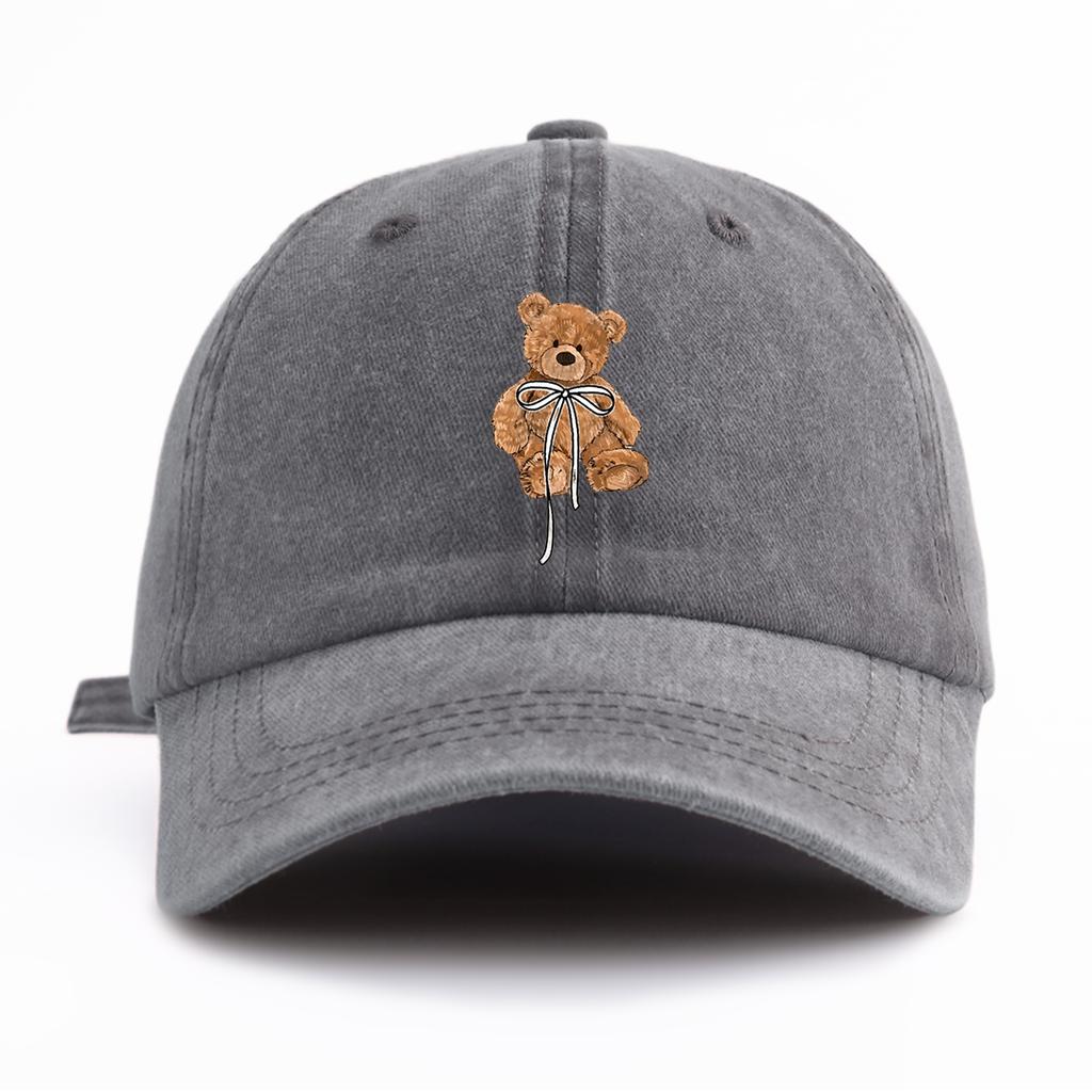 1pc Bow Bear Print Washed Baseball Cap for Adults  Minimalist Retro Style Casual Soft Adjustable Dad Hat Perfect As Gift