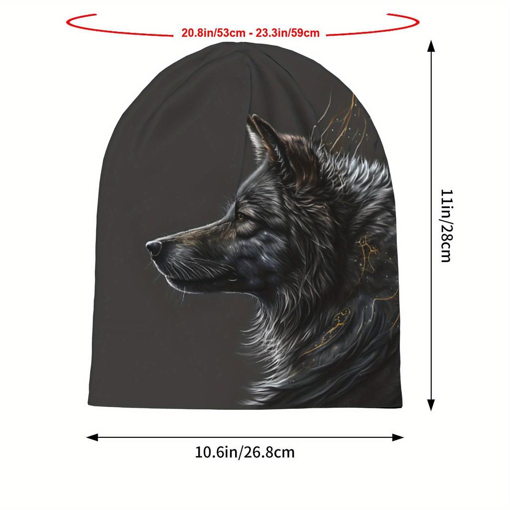 Night Moon Wolf Realistic Wolf Head Design Skull Cap Beanie Hat - Black Unisex Hip Hop Fashionable Winter Hat For Men & Women, C
