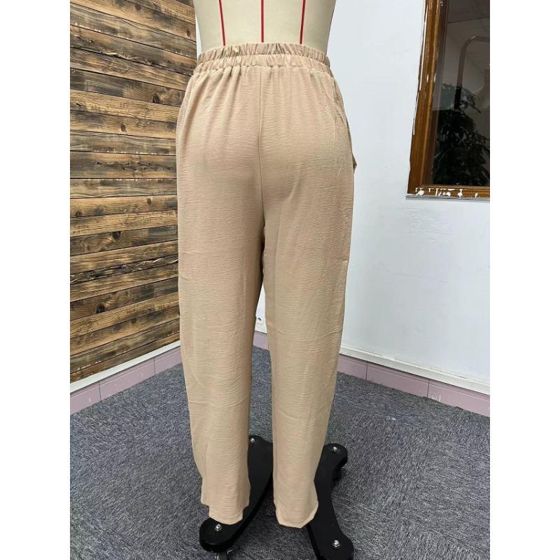 Femei de primăvară și de vară Plus Size culoare solidă buzunare talie elastică pantaloni largi casual cu picior larg