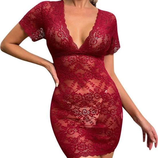 Damen-Nachtkleid, durchsichtiges Spitzenkleid, dünn, kurzärmelig, tief ausgeschnittener V-Ausschnitt, Blumenstickerei, reine Farbe, verführerisches Mini-Nachthemd