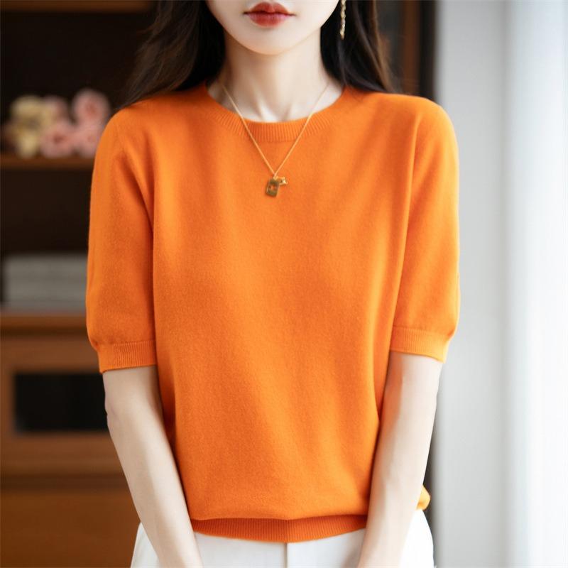 

Женский пуловер с коротким рукавом и круглым вырезом, тонкий вязаный свитер, футболка с рукавом до локтя, топ XXL тыква