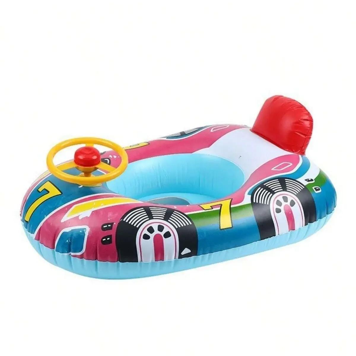 

Summer Inflatable Toy Swimming Ring Racing Police Car Pattern Float Seat featuring Steering Wheel designed for Baby Pool Inflatable Water Toy