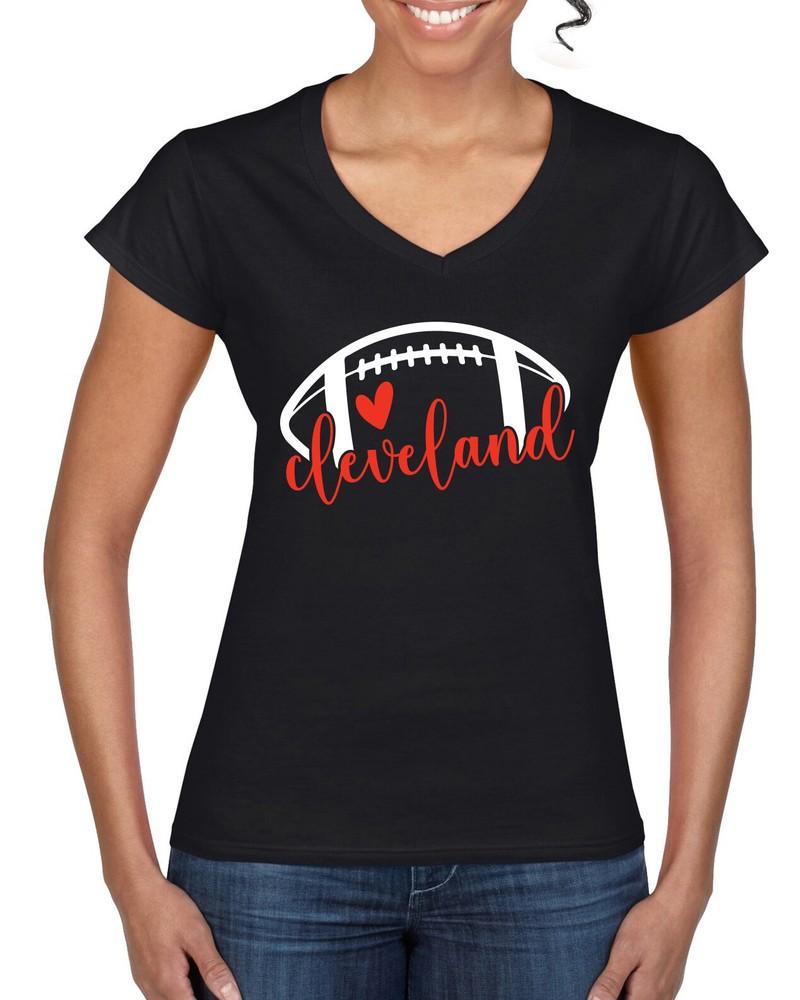 Фанатка футбола города Кливленда Красное Сердце Рукописный Шрифт Женская Футболка с V-образным вырезом Унисекс Футболка XXXL