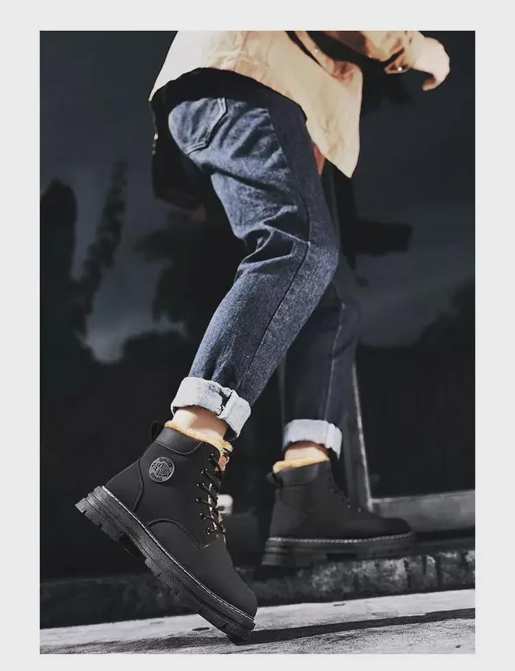 Men's Stylish White Korean High-Top Winter Sneakers with Plush Lining