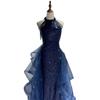 Blue evening dress, morning robe, skirt, light luxury, niche host, birthday bar mitzvah, vocal art test, violin performance clothes